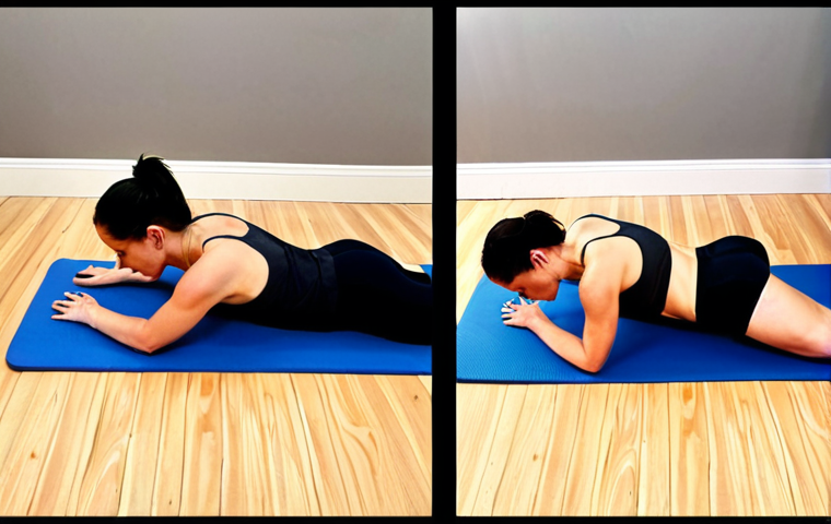 **Image Prompt 1:** A compelling split image showing a clear transformation. On the left, a person (athletic, gender-neutral) struggles uncomfortably in a standard plank on a thin mat, clearly indicating neck and back strain with a grimacing expression and poor posture. On the right, the same person is performing a plank with perfect, pain-free posture and deep core engagement, utilizing a thick, specialized plank mat for comfort and stability. The setting is a clean, modern home fitness space, with soft, inviting lighting. The overall mood conveys relief, effectiveness, and the elimination of discomfort.
