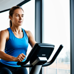 A focused adult female performing cardio on a stationary bike in a modern, bright gym. She is wearing modest, professional athletic wear, fully clothed, with a smartwatch clearly visible on her wrist displaying heart rate data. The background shows blurred gym equipment and large windows with natural light. The atmosphere is determined and active, with a sense of intelligent training. Perfect anatomy, correct proportions, natural pose, well-formed hands, proper finger count, natural body proportions, professional studio lighting, high resolution, sharp focus, safe for work, appropriate content, fully clothed, professional, modest clothing.