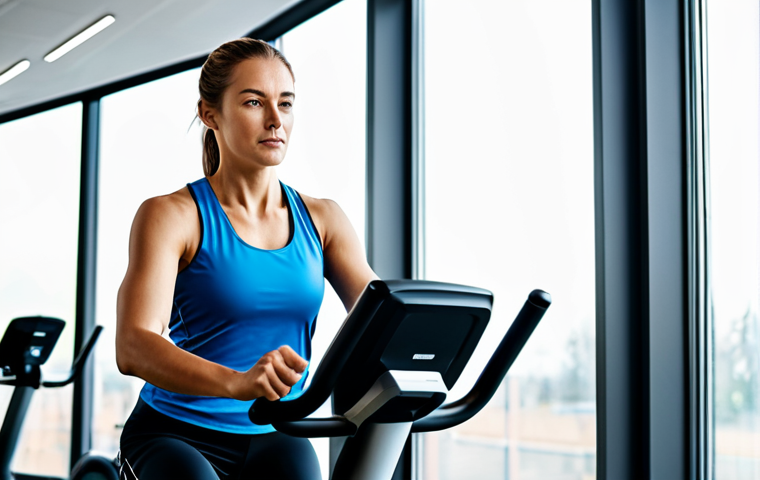 A focused adult female performing cardio on a stationary bike in a modern, bright gym. She is wearing modest, professional athletic wear, fully clothed, with a smartwatch clearly visible on her wrist displaying heart rate data. The background shows blurred gym equipment and large windows with natural light. The atmosphere is determined and active, with a sense of intelligent training. Perfect anatomy, correct proportions, natural pose, well-formed hands, proper finger count, natural body proportions, professional studio lighting, high resolution, sharp focus, safe for work, appropriate content, fully clothed, professional, modest clothing.