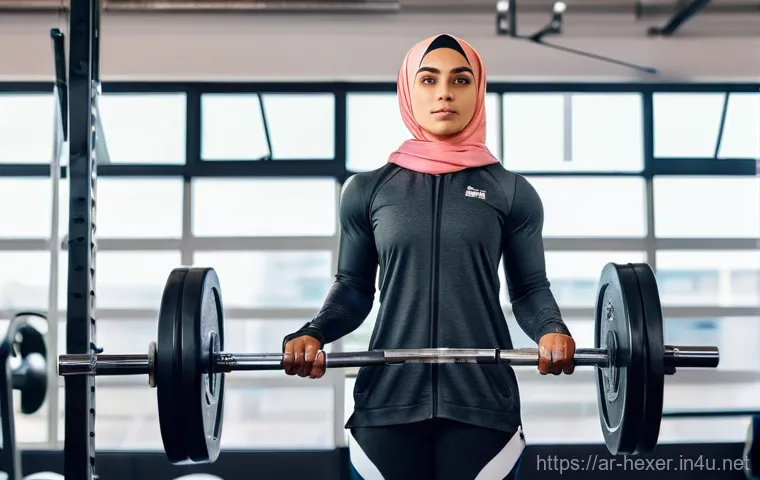 크로스핏 초보자를 위한 바벨 기술 - A determined Arab female athlete, in her early 20s, dressed in a modest but athletic full-body track...