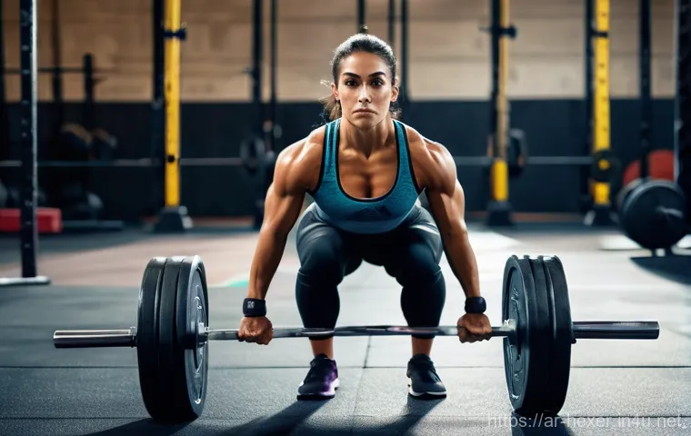 크로스핏 초보자를 위한 바벨 기술 - A determined Arab female athlete, in her early 20s, dressed in a modest but athletic full-body track...