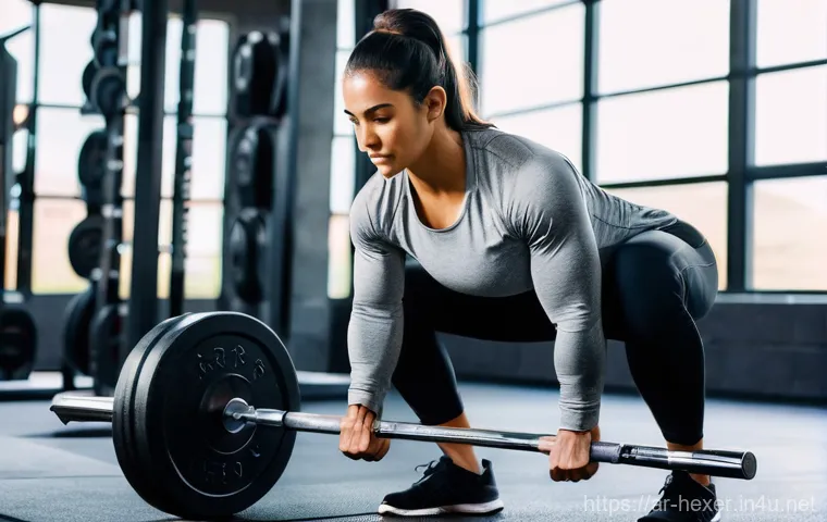 크로스핏 초보자를 위한 바벨 기술 - A focused Arab female CrossFit athlete, wearing a supportive sports bra over a modest sports top and...