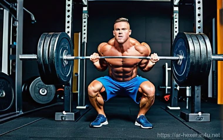 스쿼트 머신과 프리웨이트 비교 - **Prompt:** A focused and determined female athlete, in her late 20s, with a strong athletic build, ...