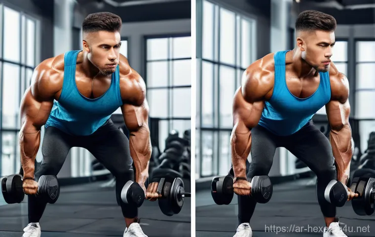 스쿼트 머신과 프리웨이트 비교 - **Prompt:** A muscular male athlete, in his early 30s, is executing a perfect barbell back squat in ...