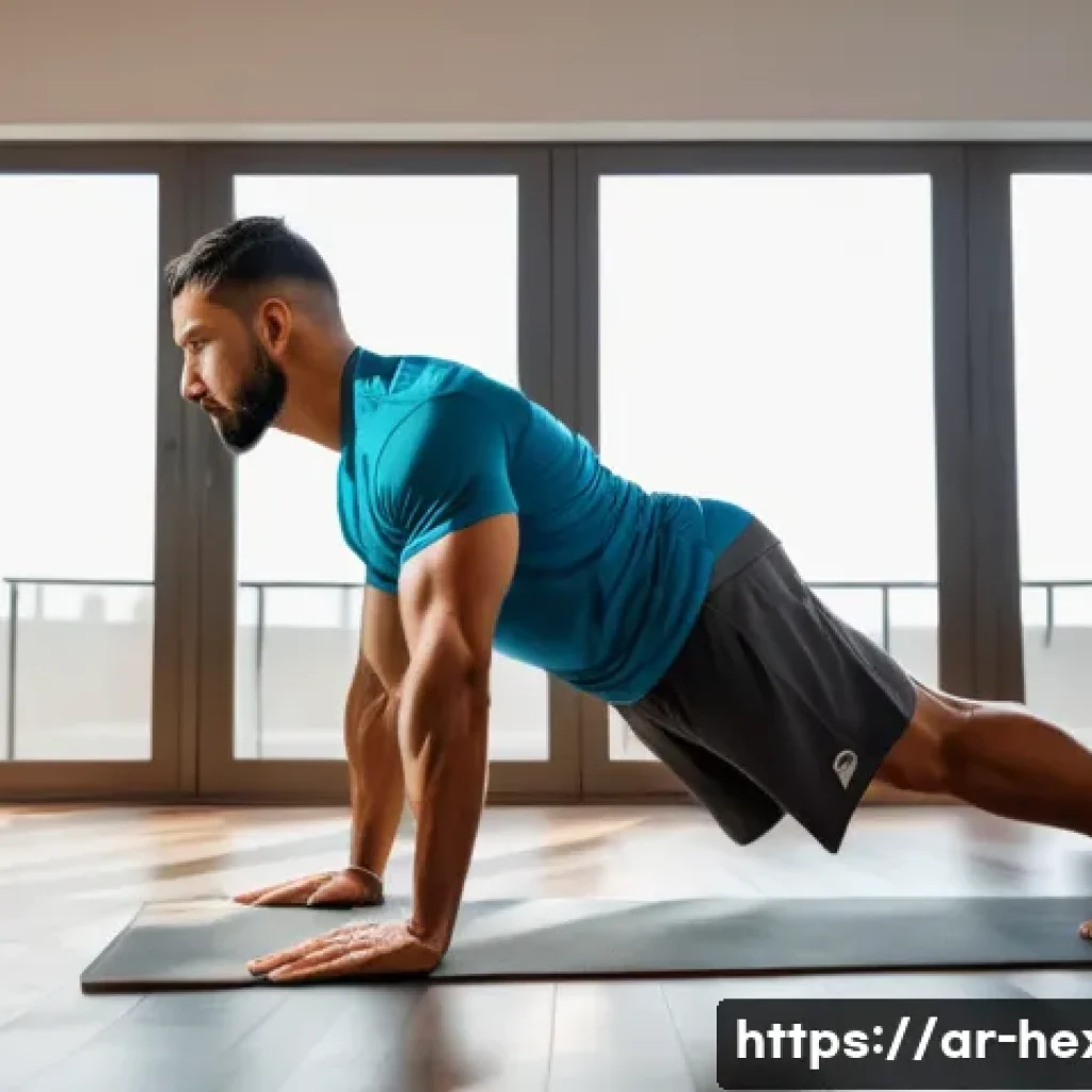 코어 강화와 균형을 위한 운동 - A Middle Eastern man in his 30s performing a plank exercise indoors, wearing modest athletic wear in...