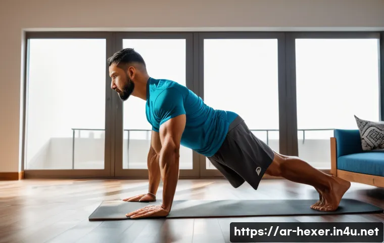 코어 강화와 균형을 위한 운동 - A Middle Eastern man in his 30s performing a plank exercise indoors, wearing modest athletic wear in...