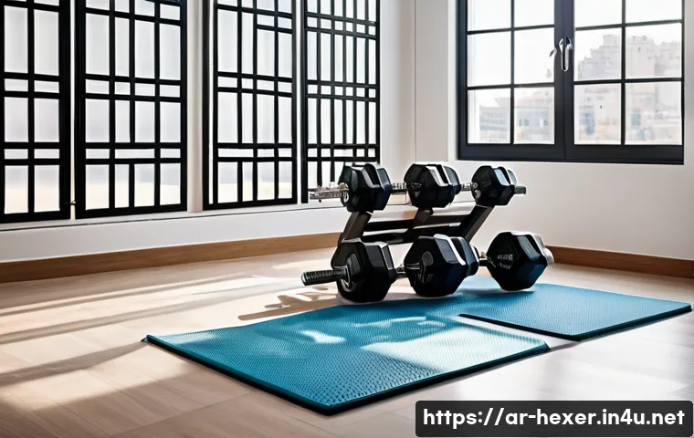 가성비 좋은 덤벨 세트 추천 - A modern home gym setup designed for an Arabic-speaking user, featuring adjustable rubber-coated dum...