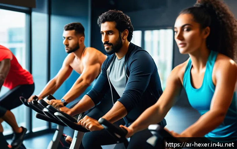 스피닝 바이크와 로잉머신 비교 - A dynamic indoor spinning class scene featuring an Arab man and woman in athletic wear cycling inten...