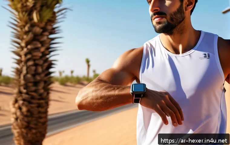 스마트워치 운동 모니터링 기능 비교 - A close-up shot of a modern Arabic man wearing a stylish smartwatch with a silicone band during an i...