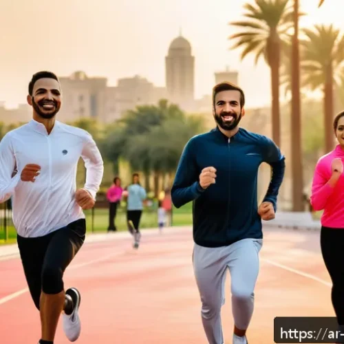 Home 30 유산소 운동으로 심혈관 건강 지키기 - A diverse group of Arabic men and women engaging in various aerobic exercises outdoors during golden...