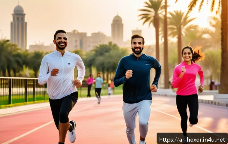 유산소 운동으로 심혈관 건강 지키기 - A diverse group of Arabic men and women engaging in various aerobic exercises outdoors during golden...