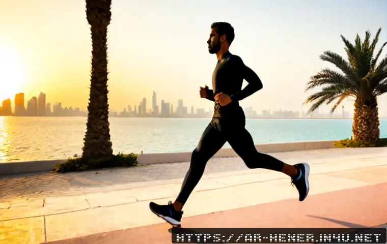 지구력 강화를 위한 러닝 플랜 - Photorealistic early-morning endurance running scene, Arab male runner in modest long-sleeve athleti...