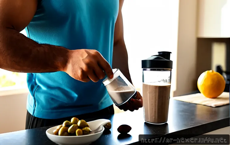 Home 15 단백질 보충제 섭취 방법과 추천 브랜드 - Photorealistic healthy Arab man in modest athletic clothing preparing a protein shake in a bright mo...